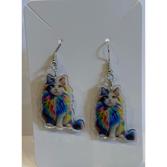 Earrings Rainbow Calico Cat Dangle Whimsical Drop Statement Jewelry Unique Kitty - Picture 2 of 6